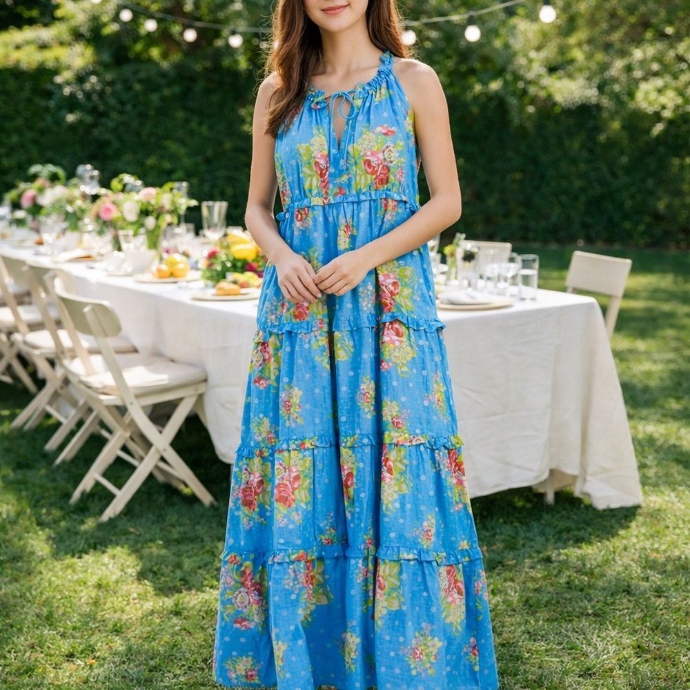 House of Harlow 1960 Helena Floral Maxi Dress Blue Multi Size S NWT Boho